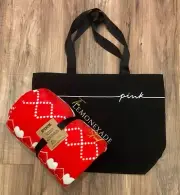 Victoria’s Secret PINK Red White Sherpa Throw Blanket & Tote Bag Shopper Bundle