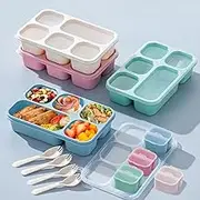 Chilsoby 4 Pack Rustic Minimalist Bento Boxes, 1.3L 5-Compartment Wheat Straw Meal Prep Containers with Sauce & Fork, Reusable Lunch Containers for School, Work, Travel