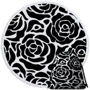 Black and White Roses Pattern Round Beach Towel