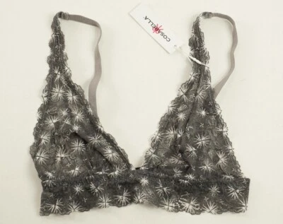 New Cosabella Pixie Tall Triangle Bralette Size P Gray Sheer Lace Geometric Bra