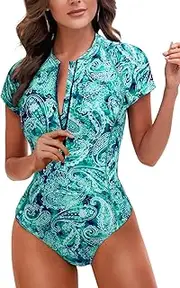 [Holipick] Two Piece Short Sleeved Rash Guard Cap Sleeve Bathing Suit Zipper Swimsuit Bulid in Bra Swim Shirt Women
