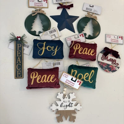 Holiday Ornament Lot 10 Rustic Christmas Wood Sign Evergreen Plush