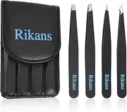 Rikans Precision Tweezers Set – Pack of 4 Black Professional Tweezers – Handy Carry Pouch – Superior Stainless Steel Tweezer Set – Splinters, Eyebrows, Facial or Ingrown Hair – Blackheads Remover