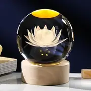 Arikyrist 3D Engraving Lotus Crystal Ball With Wooden Light Base, Flower Lamp Home Decor, Gifts for Women Decorative Glass Ball Paperweight