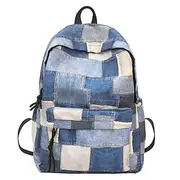 Vintage Denim Patchwork Backpack – Trendy Blue School Bag for Teen Girls Boys, Back to School Daily Casual Use