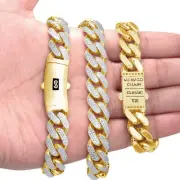 10k Yellow Gold 13mm Monaco Miami Cuban Diamond Cut Pave Chain Bracelet 8.5"