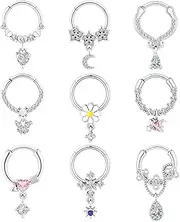 [Qmcandy] 9pcs 16G Stainless Steel Septum Clicker Dangle Heart Star Butterfly Flower Hinged Segment Rings