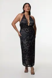 Amelia Graham Plus Size Burnout Lace Up Detail Woven Column Dress