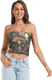 [RPLIFE] Retro Red Mushrooms Tube Tops for Women, Trendy Crop Tops, Sheer Tube Tops, Aesthetic Summer Tops (S)