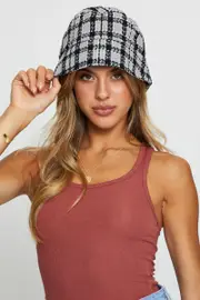 Grey Plaid Bucket Hat - Size ONE, Women's Hats