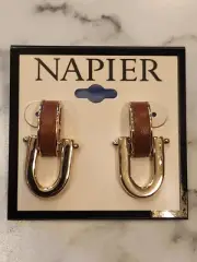 Gold-Tone & Brown Napier Faux Leather Hoop Earrings