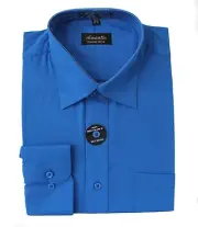 Mens Dress Shirt Plain Royal Blue Modern Fit Wrinkle-Free Cotton Blend Amanti