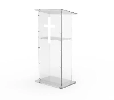 Clear Acrylic Lucite Podium Pulpit Lectern 43" Tall White Christian Cross Church