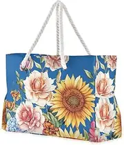 [Yoogain] Fall Flowers Sunflower Snapdragon Blue Portable Sandproof Outdoor Tote with side pocketes Bag Women Travel Essentials Beach Birthday for Women, Fall Flowers Sunflower Snapdragon Blue, 1 size