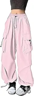 Women's Relaxed Fit Cargo Pants Wide Leg Solid Oversized Hip Hop Joggers Sweatpants Elastic Waist Drawstring Trousers