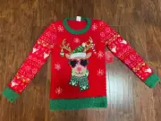new HOLIDAY TIME girl's CHRISTMAS SWEATER sz 6-6x red reindeer sequin pullover