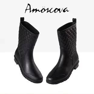 【Amoscova】雨鞋 中筒雨鞋 時尚可愛 菱格 防水防滑雨靴 (1611) EU36 黑色