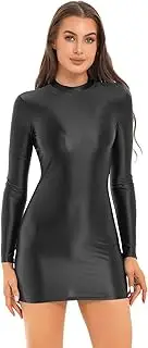 [Linjinx] Women's Glossy Mini Bodycon Dress Breathable Stretchy Sheer Smooth Pencil Dress