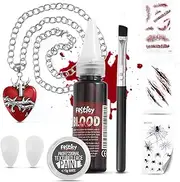 Festicy Vampire Accessory Set 2024, Artificial Blood Halloween, Vampire Teeth, Tattoos, White Face Paint with Brush and Heart-Shaped Necklace, Ideal as Halloween Decoration for Children and Adults