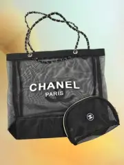 CHANEL Black Mesh Shoulder Tote Bag Novelty VIP Gift With Gold Chain / Pouch
