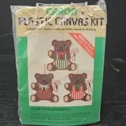 Caron Plastic Canvas Kit Teddy Bear Christmas Ornaments Makes 3 Happy Bears 1983