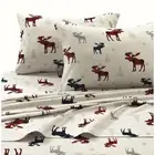 Tribeca Living PLRE170SHEETCK Plaid Moose Printed Flannel Deep Pocket Sheet Set,