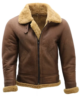 Men's Brown B3 Shearling Sheepskin WW2 Bomber Real Leather Flying Aviator Jacket