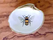 Cute Bumble Bee Decoupage Clam Shell - Gold & White Trinket Dish, Bee Art