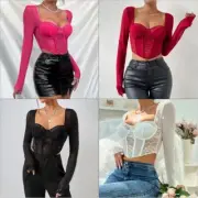 Women Mesh Sheer Bustier Boned Corset Crop Top Lace Party Clubwear Square Neck