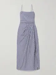 [Adam Lippes] Adam Lippes - Cari Wrap-effect Gathered Striped Cotton-poplin Midi Dress - Navy - US6 US 6 Blue