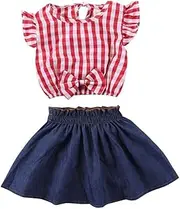 [BOIZONTY] Toddler Kids Girl Off The Shoulder Red Plaid Crop Tops and Ruffled Denim Skirts Summer Casual Outfits Set