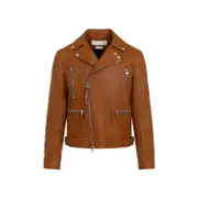[Alexander Mcqueen] Alexander Mcqueen-Brown Essential Leather Biker Jacket-Uomo 48 IT