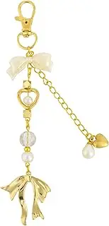 [BOXOB] Gold Bow Keychain, Bag Charms Bead Beads Pendant Keychain Purse Accessories Cute Keychain for Car Keys Handbag Handbags Girls Gift Accessories DIY Crafts (White, Gold), gold, 14 cm