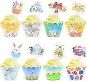 48 pcs Easter Cupcake Toppers and Wrappers, Easter Party Decorations, Colorful Cupcake Liners, Bunny Chicks Easter Egg Cake Decoration Toppers for Kids Birthday Party Easter Party Supplies