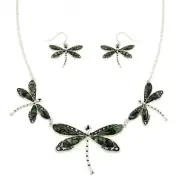 Dragonfly Necklace Earring SET Abalone Shell Butterfly Sea Wing SILVER Metal