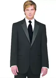 Sizes 34-50 Short 7-Piece Tuxedo Package w/Flat Front Pants, Navy Vest & Tie