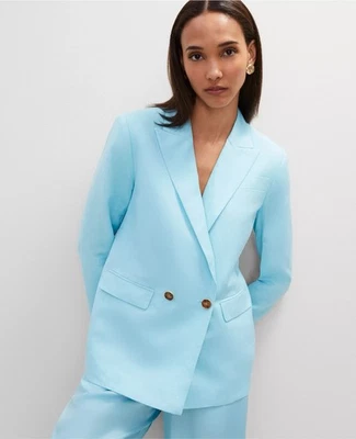 NEW ANN TAYLOR $198 AQUA POP LINEN BLEND RELAXED DOUBLE BREASTED BLAZER SZ 14