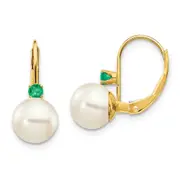 14k Yellow Gold 7-7.5mm White Round FW Cultured Pearl Emerald Leverback Earrings