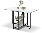 Luxsuite Folding Dining Table with Shelves Wooden Rectangle Table with Wheels Wood Home Furniture Kitchen Dinner Desk Camping Picnic White