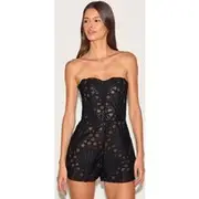 Black Textured Sheer Floral Corset Playsuit, Black