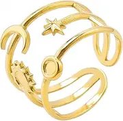 [Wozya] Vintage Multilayer Star Moon Sun Stainless Steel Rings for Women Girl Personalize Hollow Line Charm Adjustable Men Ring Jewelry J255-Gold Color Resizable