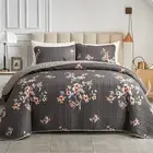 3-Piece Floral Quilt Set - Reversible, Full/Queen, Dark Gray Elegant Bedding
