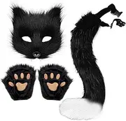 Faux Fur Cat Wolf Mask Tail and Gloves Set Furry Paw Gloves Costume Cosplay Animal for Halloween Christmas Party