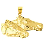 14K Gold 38MM Bridled Two Horse Heads Pendant