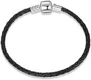 [Teleye] PU Leather Braided Bracelet 925 Sterling Silver Bracelet with Round Clasp Charm Fits for Pandora Charm Jewelry Girls Women Gifts