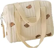 AIMALL Zipper Embroidered Cotton Mummy Bag Baby Diaper Tote with Trolley Hanging Hook, Large Capacity, White Bear Print, 12.6x9.8x4.7in