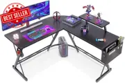 L Shaped Gaming Desk with Monitor Stand, Storage, Headphone Hook – Black 127cm