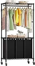 3-Section Laundry Sorter with Hanging Bar with Wheels,Rolling Laundry Hamper Cart with Hanging Rack,3-Bag Laundry Basket Organizer Sorter with Removeable Bags for Laundry Room