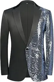 [Zylphorix] Men Black Sequin Shiny Prom Blazers Shiny Tuxedo Banquet Sport Coat Slim Fit Wedding Dinner Suit Jacket