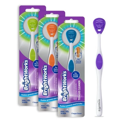 Tongue Cleaner (3-Pack) with Gentle Cheek Scraper. Two-Sided Head with Dual A...